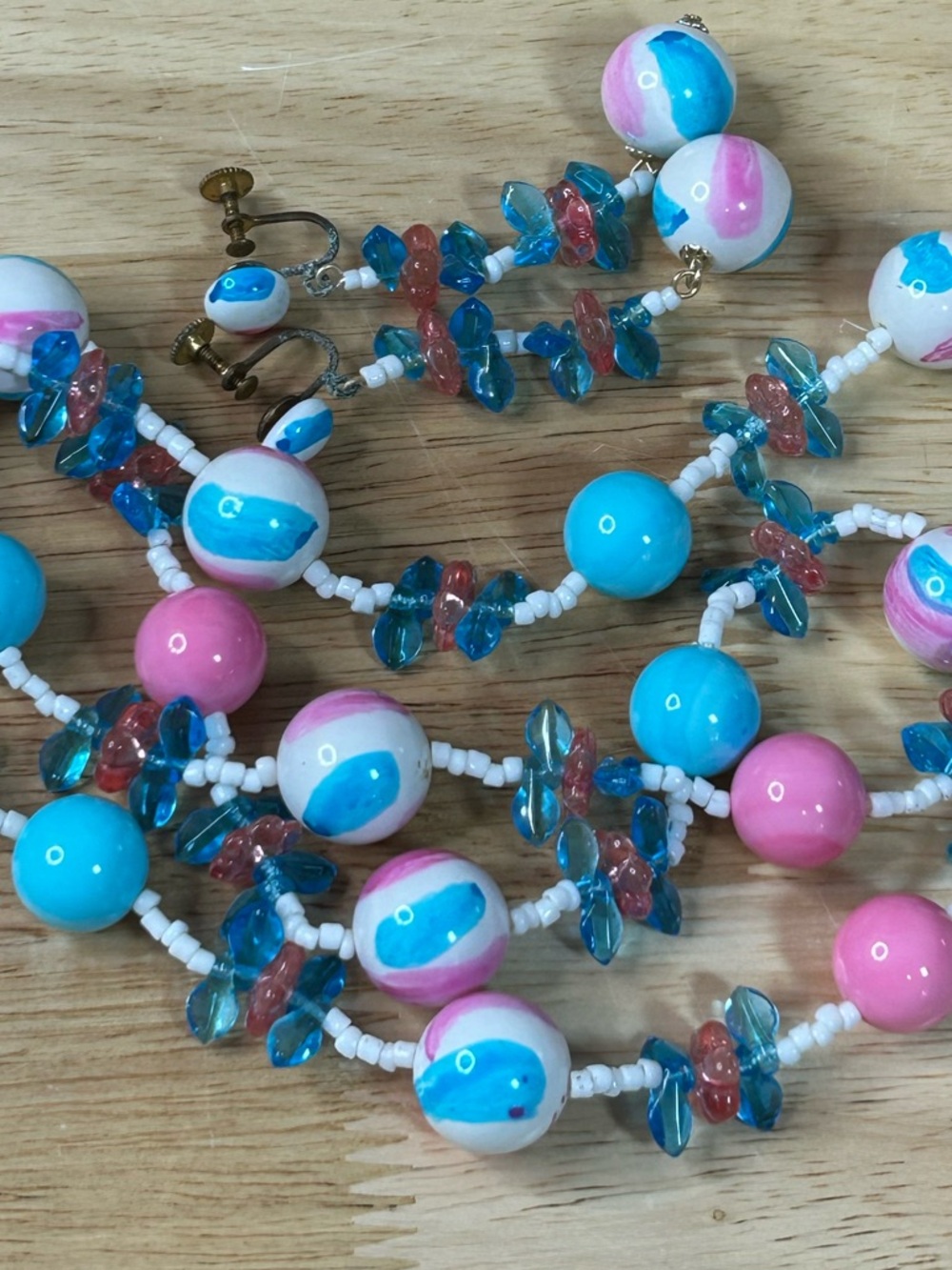 Vintage Japanese Hand Painted Art Glass Necklace & Earrings Set - Picture 8 of 9